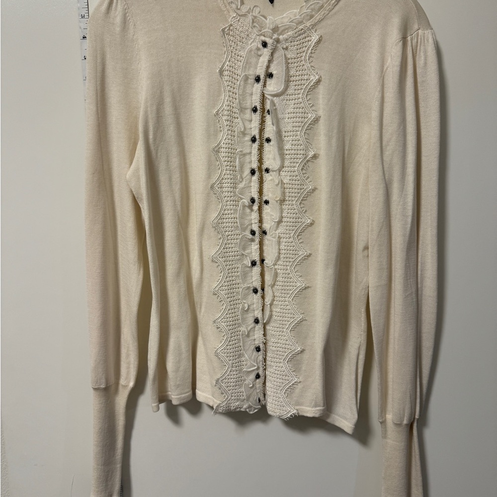 Tahari Ivory Cardigan with Crochet Accents